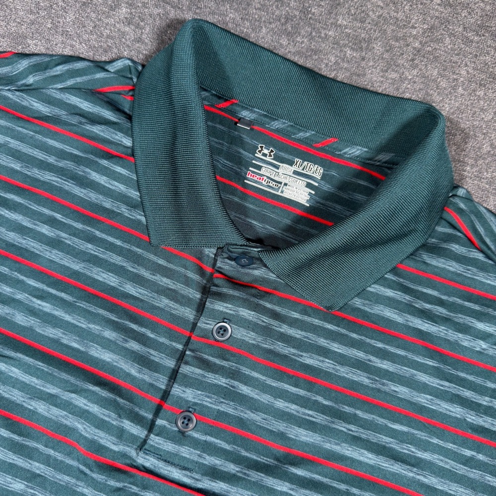 Under Armour Polo Shirt Mens XL Green Striped HeatGear Short Sleeve Golf Stretch